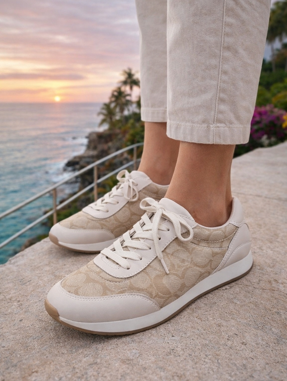 Coach Beige and White Signature Sneakers